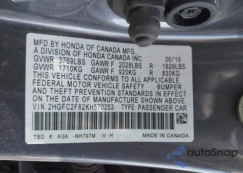 2019 Honda Civic Sport from USA, damaged, VIN 2HGFC2F82KH570253
